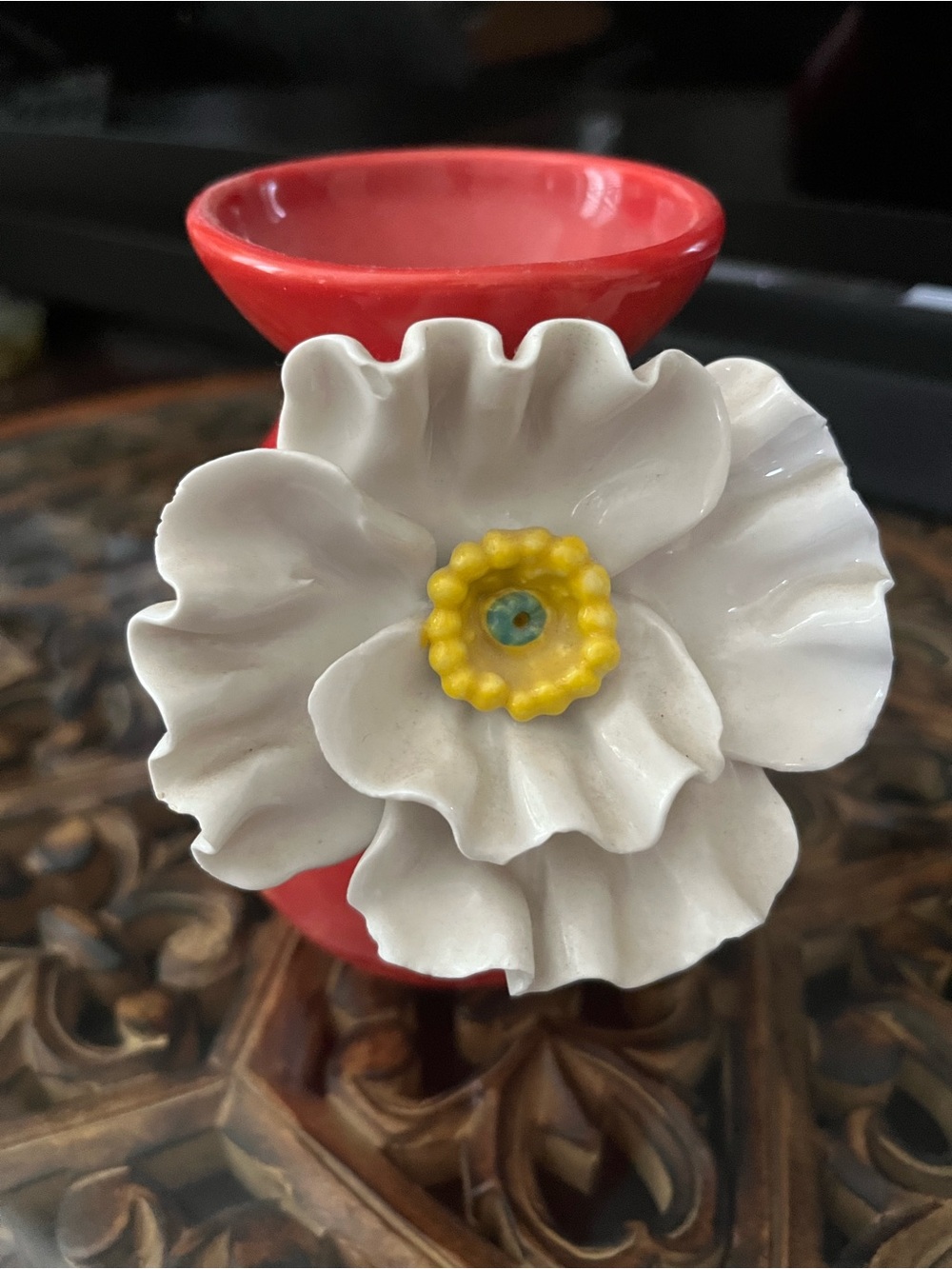 White Floral Ceramic Accent Vase with Coral Base